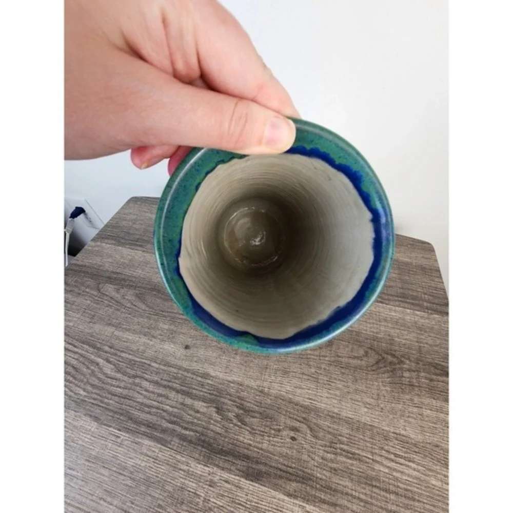 Schmidt Handmade Studio Pottery Vase Blue Green White Glazed‎ Ceramic Signed